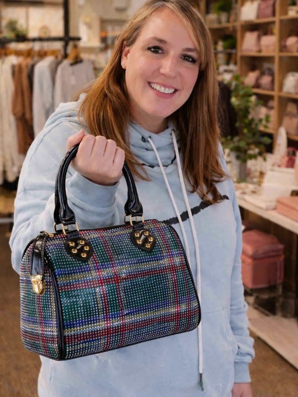 NWT Midnight Plaid Sparkle Locked Satchel